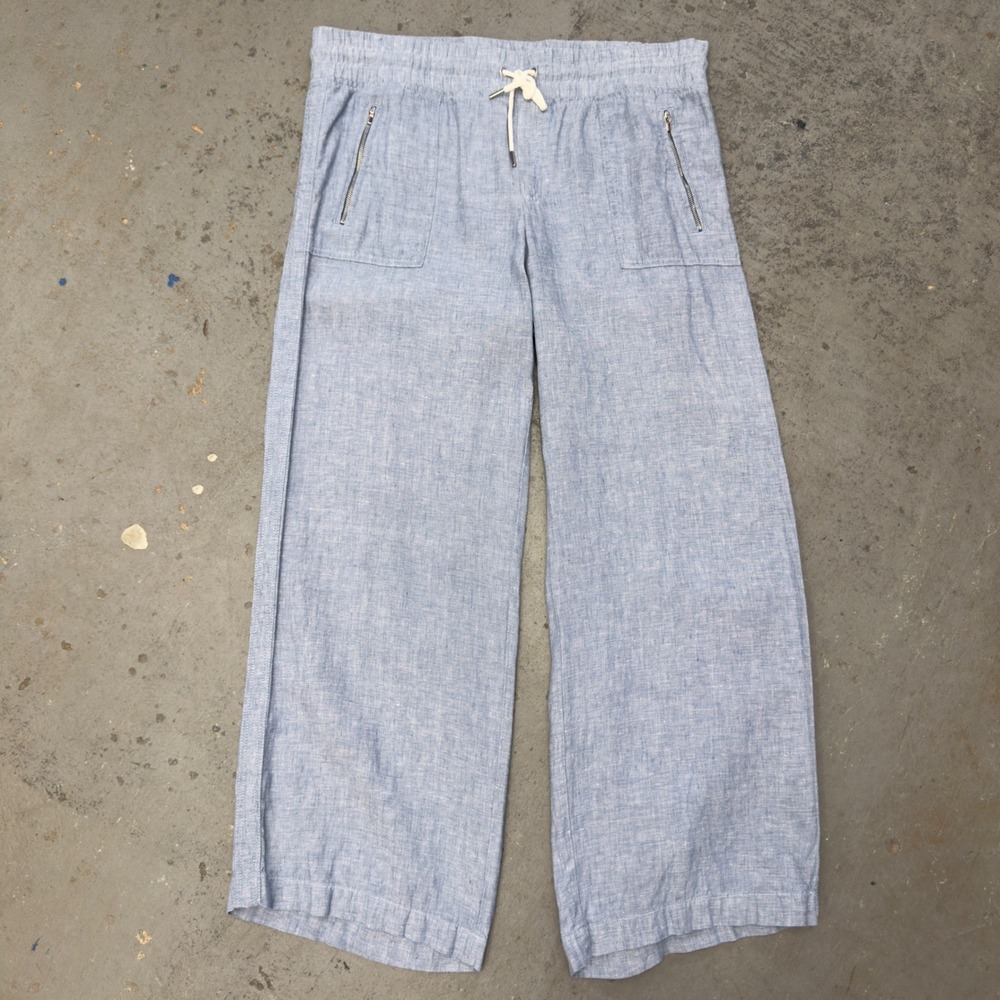 Athleta Cabo Linen Wide Leg Pants 14 Blue Drawstring Elastic Waist 100% Linen